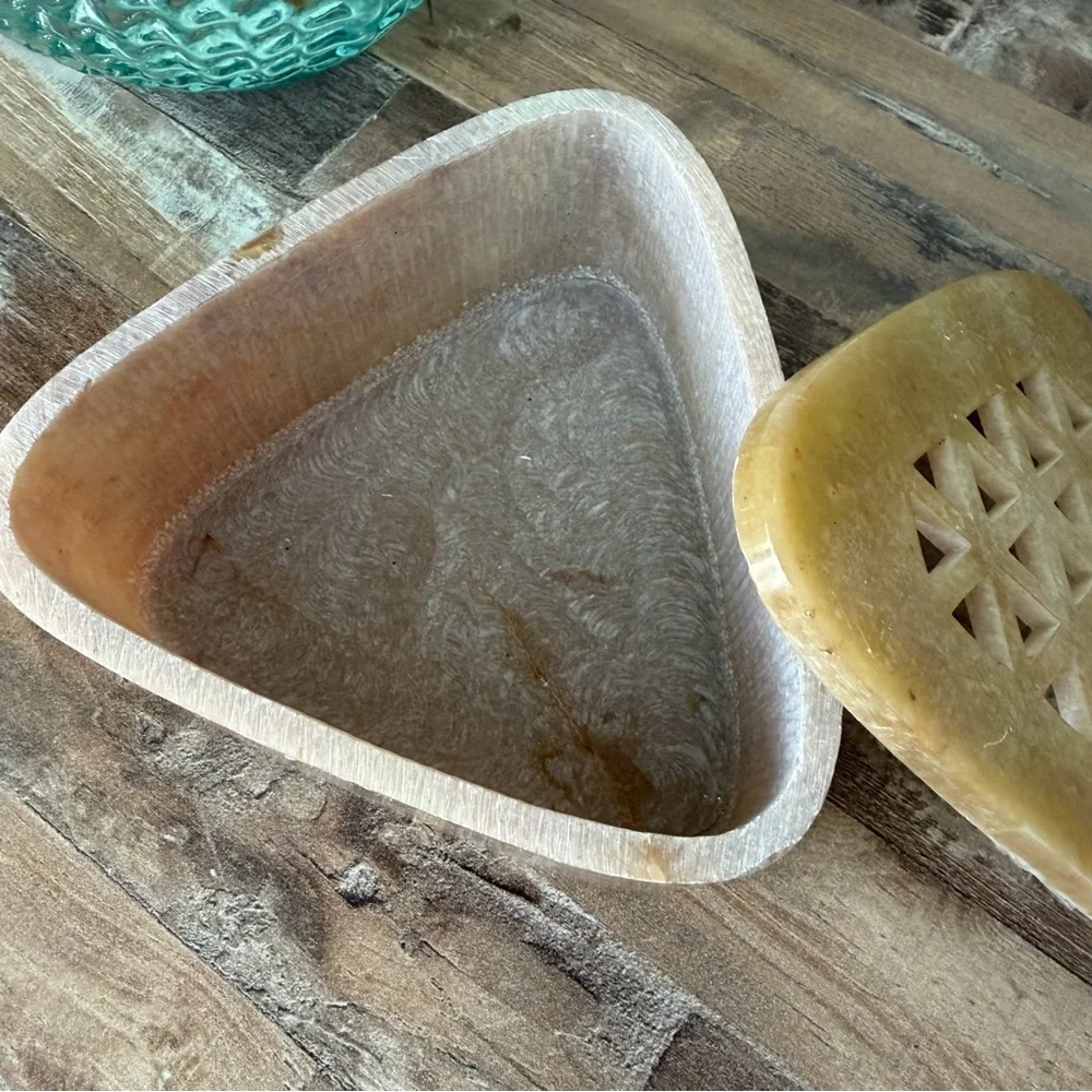 Vintage ALABASTER MARBLE Stone TRINKET BOX with Lid- Beautiful Marble